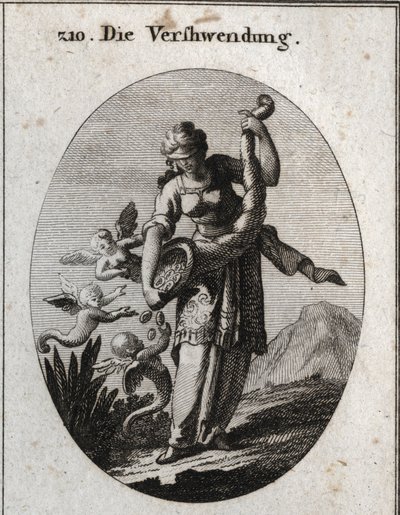 Alegoria de prodigalite representada com uma venda e sacudindo um corno de abundância de onde caem prata e jóias que avidamente se aproveitam. Gravura em "Iconologie oder Ideen aus dem Gebiete der Leidenschaften und Allegorien bildestellt fu de Austrian School
