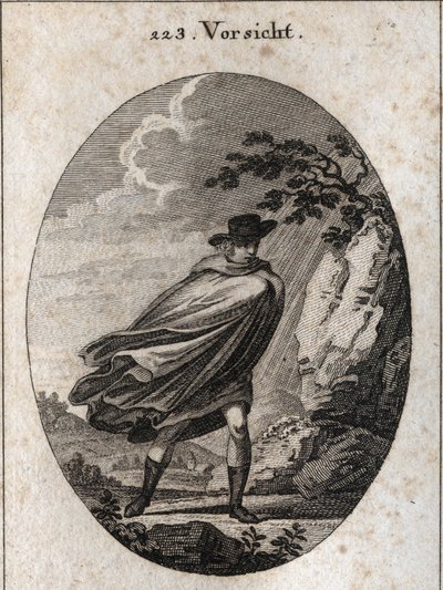 Alegoria da providência. Expressão: Quando o tempo estiver bom, leve o casaco, quando chover, leve-o, se quiser. Gravação em "Iconologie oder Ideen aus dem Gebiet der Leidenschaften und Allegorien bildestellt fur Zeichner, Mahler, Dichter, Ge de Austrian School