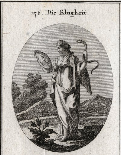 Alegoria de prudência, seus atributos comuns são o espelho e a serpente. Ela tem dois rostos, um jovem para a antecipação do futuro e um velho para a consideração do passado. Gravura em "Iconologie oder Ideen aus dem Gebiete der Lei de Austrian School