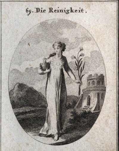 Alegoria de purê. Os seus atributos são a pomba e o lírio, símbolos da candura. Gravura em "Iconologia ou idéias do campo das paixões e alegorias ilustradas para desenhistas, pintores, poetas, estudiosos, educadores e amigos do alto de Austrian School