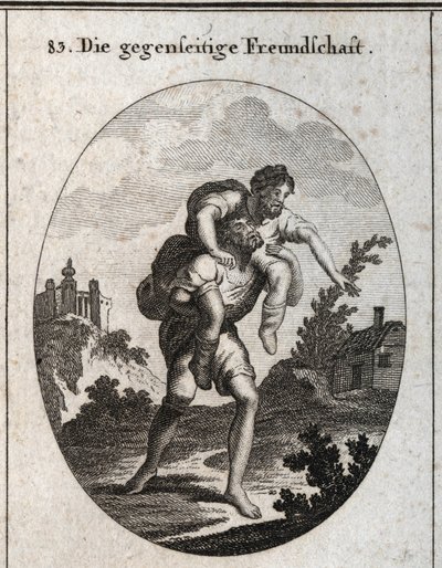 Alegoria de amizade recíproca. Um homem cego é mostrado o caminho pela voz de um homem mutilado sobre os seus ombros. Gravação em "Iconologie oder Ideen aus dem Gebiete der Leidenschaften und Allegorien bildestellt fur Zeichner, Mahler, Dichter, Gelehr de Austrian School