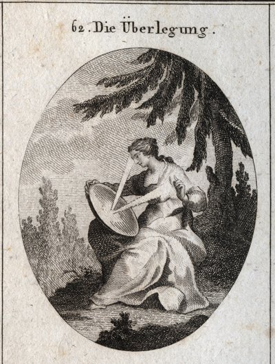 Alegoria da reflexão. Um raio de luz parte do seu coração, que bate o espelho nos seus joelhos e reflete a luz na sua testa. Gravura em "Iconologie oder Ideen aus dem Gebiete der Leidenschaften und Allegorien bildestellt dargestellt fur Zeichner, M de Austrian School