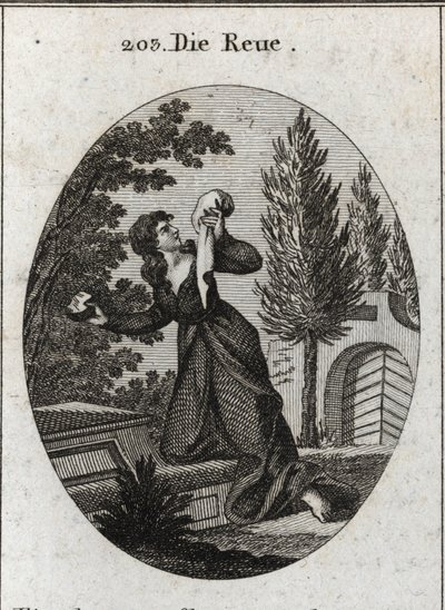 A alegoria do arrependimento representava um joelho sobre um túmulo. Ela segura com uma mão um lenço e com a outra uma pedra cujo peito ela ataca. Gravura em "Iconologie oder Ideen aus dem Gebiete der Leidenschaften und Allegorien bildestellt dargestellt f de Austrian School