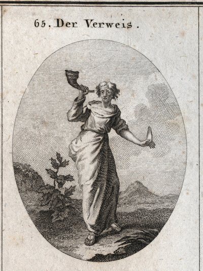 Alegoria de repreensão. Ela aprende a soar um cone de livro que enfatiza o som inestético de palavras repreensivas manipuladas com cautela, como mostra a linguagem humana segurada na outra mão. Gravação em "Iconologie oder Ideen aus dem Gebiete der Le de Austrian School
