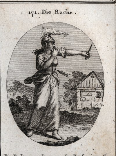 Alegoria de vingança com uma couraça e um capacete sobre o qual brilha uma chama. Ela morde o dedo e olha para uma adaga. A flecha que a perfura significa que a vingança só acontece depois de uma ofensa recebida. Gravação em "Iconologie oder Ideen aus dem de Austrian School
