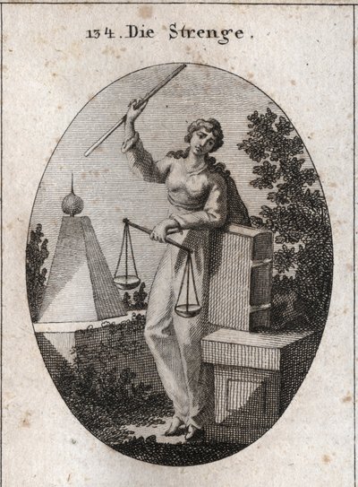 A alegoria do rigor representa sob um aspecto de ferocidade segurando com a mão direita uma vara de ferro alto e confiando da esquerda no livro das leis. Ela tem na mesma mão um equilíbrio, um dos quais prevalece sobre o outro. Gravura em "Iconologie oder  de Austrian School