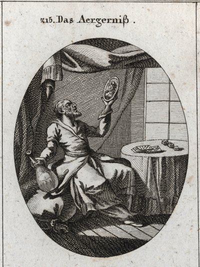 Alegoria de escândalo. Ele segura com uma mão uma garrafa e com a outra um retrato de uma jovem mulher e perto de uma mesa onde estão jogando cartas e jogos. Gravura em "Iconologie oder Ideen aus dem Gebiete der Leidenschaften und Allegorien bildich darges de Austrian School