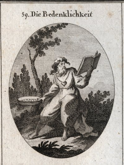 Alegoria de escrúpulos representados por um homem velho com uma corrente de ouro, ao qual é anexado um emblema do coração de candura e bons conselhos. Ele mantém um calendário que ele considera cuidadosamente e uma peneira que é o atributo da distinção ent de Austrian School