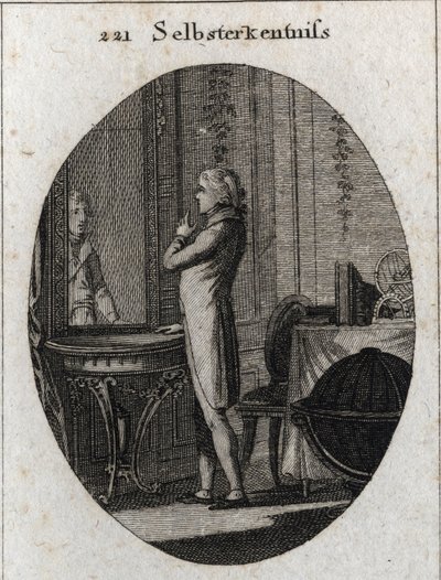 Alegoria de autoconhecimento. Um jovem enfrenta um espelho. Gravação em "Iconologie oder Ideen aus dem Gebiet der Leidenschaften und Allegorien bildestellt fur Zeichner, Mahler, Dichter, Gelehrte, Erzieher und freunde Hoherer Geschmacksbildung" (Ic de Austrian School
