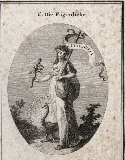 Alegoria de amor-próprio representada como uma jovem mulher fechando um saco simbolizando seus defeitos com uma baguete na qual está inscrita a tradução grega "Philautia". Atributos: o pavão que faz a roda e o narciso florescer. Gravura em "Iconologi de Austrian School