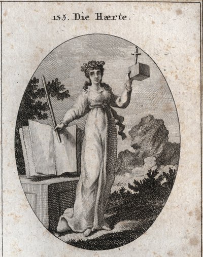 Alegoria de severidade coroada com um ramo de carvalho, atributo de força. Ela confia num livro de leis e segura uma vara de ferro. O cubo em que uma adaga está a abrandar deseja a sua proximidade e a sua inflexibilidade. Gravura em "Iconologie oder Ideen  de Austrian School