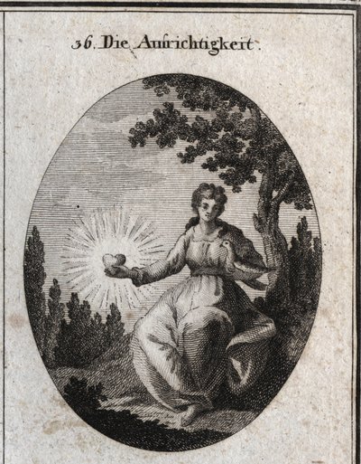 Alegoria de uma pomba sincera segurando uma pomba contra o seu peito e apresentando um coração radiante. Gravação em "Iconologie oder Ideen aus dem Gebiet der Leidenschaften und Allegorien bildestellt fur Zeichner, Mahler, Dichter, Gelehrte, Erzieher und f de Austrian School