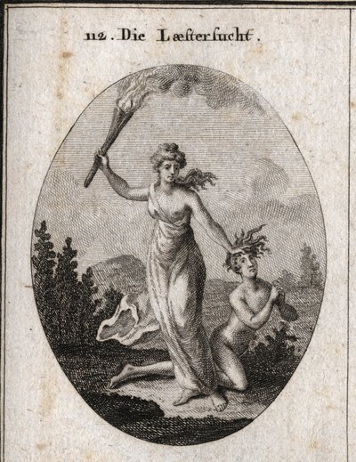 Alegoria de calúnia segurando uma tocha e arrastando impiedosamente um adolescente nu que se junta às mãos e olha para o céu. Gravação em "Iconologie oder Ideen aus dem Gebiete der Leidenschaften und Allegorien bildestellt fur Zeichner, Mahler, Dichter", de Austrian School