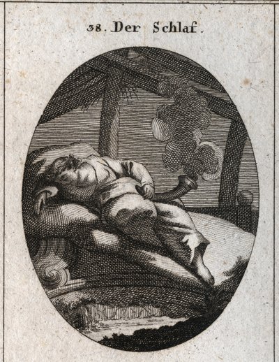 Alegoria de dormir sobre uma cama de ebene, perto da qual corre um riacho. Ele segura um cone preto e polido de onde vem um vapor que significa sonhos. Gravura em "Iconologie oder Ideen aus dem Gebiete der Leidenschaften und Allegorien bildestellt dargeste de Austrian School