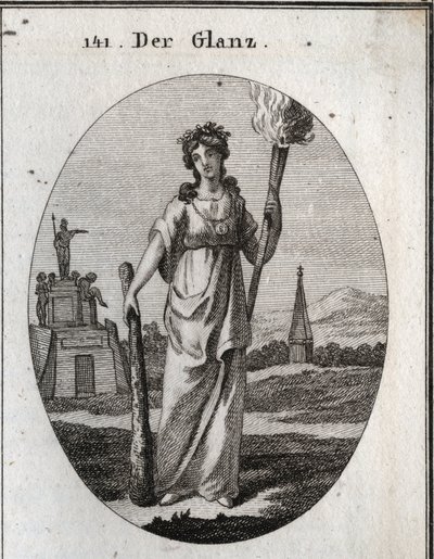 Alegoria de esplendor. O clube em que se apoia é o símbolo das virtudes. A corrente e a medalha de ouro são a recompensa. A tocha de luz é a luz de belos feitos. Gravura em "Iconologie oder Ideen aus dem Gebiete der Leidenschaften und Allegorien bi de Austrian School