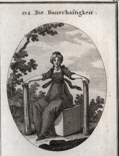 Alegoria de estabilidade sentada num cubo de mármore com duas pilhas de plantas prumo na terra. Gravura em "Iconologia ou Idéias do Campo das Paixões e Alegorias ilustradas para desenhistas, pintores, poetas, estudiosos, educadores e amigos". de Austrian School