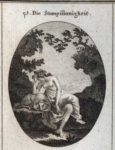 Alegoria de estupidez. Está apoiado numa ovelha, um animal naturalmente estúpido. Gravação em "Iconologie oder Ideen aus dem Gebiet der Leidenschaften und Allegorien bildestellt fur Zeichner, Mahler, Dichter, Gelehrte, Erzieher und freunde Hoherer Gesc de Austrian School