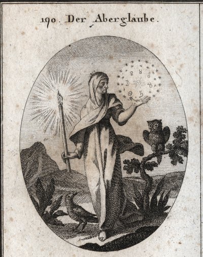 Alegoria de superstição. Ela segura uma luz de vela e um círculo de estrelas que envolve os sinais dos sete planetas que ela considera ansiosos. Os seus atributos são a coruja e o corvo. Gravura em "Iconologie oder Ideen aus dem Gebiete der Lei de Austrian School