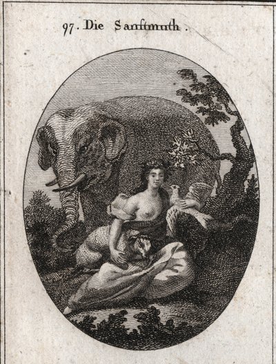 Alegoria da doçura ou mansuetude, coroa de oliveiras para o símbolo da paz. Seu atributo é o elefante, representando a bondade do coração, o cordeiro símbolo da mansuetude e a pomba, emblema da doçura. Gravura em "Iconologie oder Ideen de Austrian School