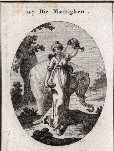 Alegoria de temperança. Seus atributos são água e misturas de vinho juntos, assim como o elefante, animal sempre comendo a mesma quantidade de comida sem excrementos. Gravura em "Iconologie oder Ideen aus dem Gebiete der Leidenschaften und Allegorien bildi de Austrian School