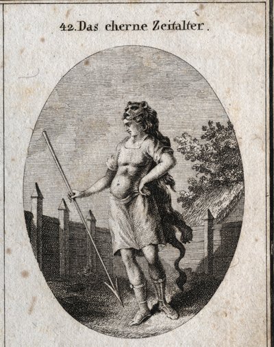 Alegoria da Idade do Cobre representa como uma sentinela perto de uma cerca, numa atitude de orgulho, a arma de um cadáver e um dardo e tampa de uma pele de leão. Gravura em "Iconologie oder Ideen aus dem Gebiete der Leidenschaften und Allegorien bildestel de Austrian School