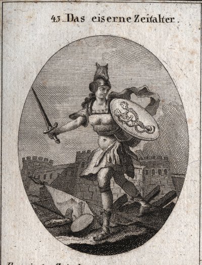 Alegoria da Idade do Ferro que se caracteriza pela violência, má fé e traição. De aparência feroz, ela está armada com um capacete na cabeça de um lobo, segura uma espada e um escudo onde estão representados a fraude e o vício (sirene e serpente com rostos de Austrian School