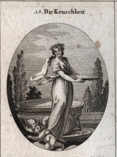 Alegoria da casta com o símbolo da coroa de canela entre os egípcios da casta, assim como a tela cheia de água que ela segura e que se refere à justificação de uma vestal que provou a sua casta. Ela refaz um amor sob o seu fo de Austrian School