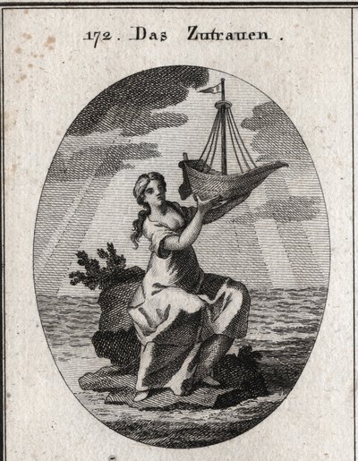 Alegoria da confiança representada por uma mulher sentada em um lugar no meio do mar e segurando na mão um navio que ela levantou. Gravura em "Iconologie oder Ideen aus dem Gebiete der Leidenschaften und Allegorien bildestellt dargestellt fur Zeichne de Austrian School