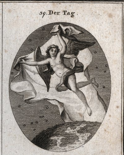 Alegoria do dia voando rapidamente e escondendo a noite e as estrelas usando um véu grande e brilhante. Gravação em "Iconologie oder Ideen aus dem Gebiet der Leidenschaften und Allegorien bildestellt fur Zeichner, Mahler, Dichter, Gelehrte, Erzieher u de Austrian School