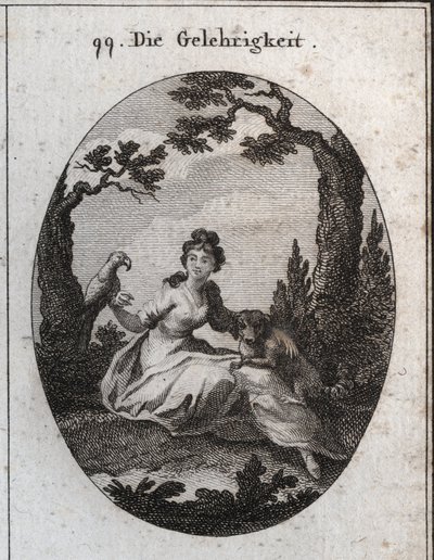 Alegoria da docilite. Seus atributos são o periquito e o cãozinho por causa de sua obediência e desejo de agradar. Gravura em "Iconologie oder Ideen aus dem Gebiete der Leidenschaften und Allegorien bildestellt dargestellt fur Zeichner, Mahler, de Austrian School