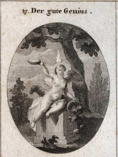 Alegoria do génio favorável sob a figura de uma asa de criança com uma pequena chama na cabeça, sentada sobre um altar à sombra de um plátano. O chifre da abundância significa que enche os homens e os seus favores. O pai é um símbolo de sentimentos religio de Austrian School