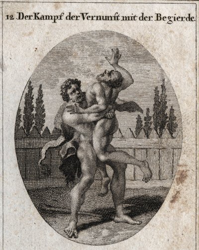 Alegoria da luta da razão e do apetite. O apetite terreno e carnal é representado por Ante e Hércules (Heracles) simboliza a razão, a força e a coragem que tira e abafa Ante. Gravação em "Iconologie oder Ideen aus dem Gebiete der Le de Austrian School