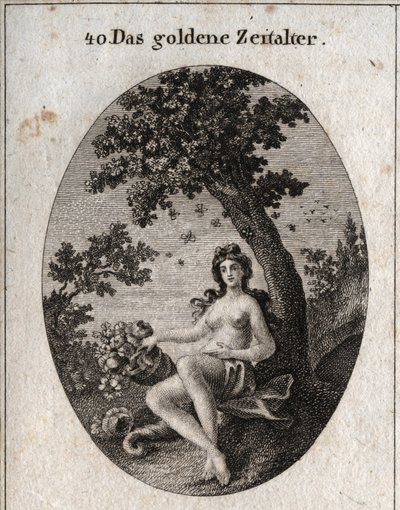 A alegoria da idade de ouro representa com um corno de abundância de frutos, sentado ao lado de uma oliveira símbolo de paz no meio da qual está um enxame de abelhas. Gravura em "Iconologie oder Ideen aus dem Gebiete der Leidenschaften und Allegorien bildi de Austrian School