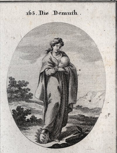 Alegoria da humildade. Sob o seu pé, uma coroa de ouro enriquecida com pedras preciosas. Dedain considera uma bola representando a terra da qual ela sente falta da grandeza. Gravura em "Iconologie oder Ideen aus dem Gebiete der Leidenschaften und Alleg de Austrian School