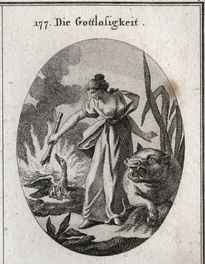 Alegoria do impieto segurando uma tocha da qual queima um pelicano em seu ninho com seus filhotes. O seu atributo é o hipopótamo. Gravura em "Iconologie oder Ideen aus dem Gebiete der Leidenschaften und Allegorien bildestellt dargestellt fur Zeichner, Mahl de Austrian School