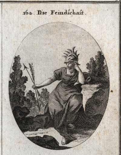 Alegoria do inimigo com um capacete aparado com pontas de ferro. O seu vestido está cheio de chamas. As duas setas que ela segura ao contrário são sinônimo de contradição. Gravura em "Iconologie oder Ideen aus dem Gebiete der Leidenschaften und Allegori de Austrian School