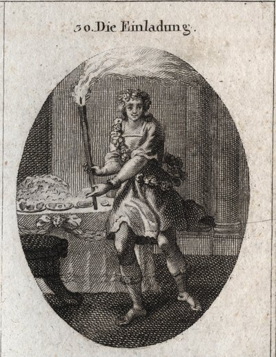 Alegoria do convite como um jovem com cara de riso a convidar para uma mesa coberta de pratos. A tocha que ele segura é o atributo de Comus, deus das festas e festas noturnas. Gravura em "Iconologie oder Ideen aus dem Gebiete der Leidenschaften". de Austrian School
