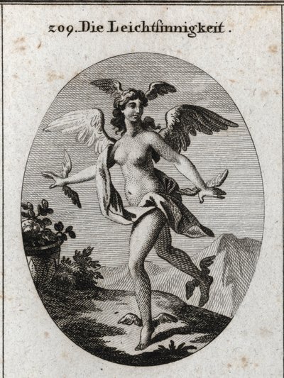 Alegoria da luz. Ela tem asas na cabeça, ombros, pés e mãos. Gravura em "Iconologie oder Ideen aus dem Gebiet der Leidenschaften und Allegorien bildestellt fur Zeichner, Mahler, Dichter, Gelehrte, Erzieher und freunde Hoherer G de Austrian School