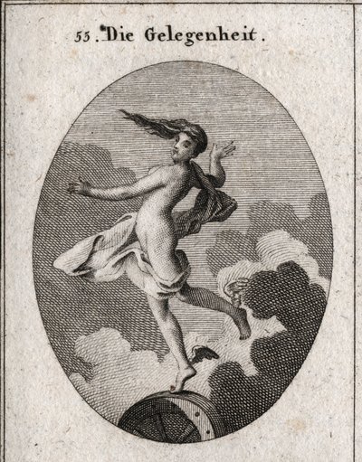 Alegoria da ocasião. Com as asas nos pés e cabelo para a frente, descansa ligeiramente sobre uma roda. Gravura em "Iconologia ou Idéias do Campo das Paixões e Alegorias ilustradas para desenhistas, pintores, poetas, estudiosos, educadores, &". de Austrian School