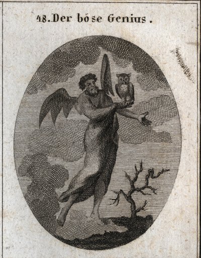 Alegoria do génio oposto representada por um génio mau com asas de morcego (morcego) e segurando uma coruja, ave de má prensagem. Gravura em "Iconologia ou Ideias do Campo das Paixões e Alegorias ilustradas para Desenhistas, Mahlers, Poetas de Austrian School