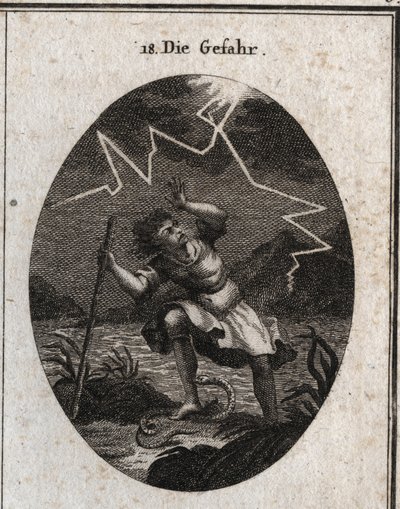 Alegoria do perigo representado por um jovem que escapa de um riacho rápido ao pôr os pés numa cobra que o pica e ao mesmo tempo um trovão o atinge atrás dele. Gravação em "Iconologie oder Ideen aus dem Gebiete der Leidenschaften und Allego de Austrian School