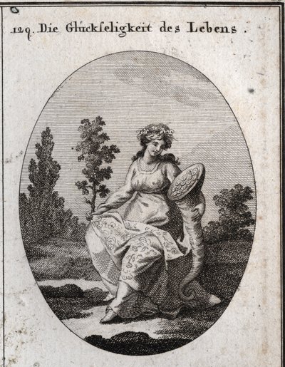 Alegoria da prosperidade da vida. ricamente vestida e coroada com uvas e atributos de riqueza e abundância. O ramo de carvalho cheio de folhas e frutos significa saúde, mas também solidifica e incorruptibiliza. Gravura em "Iconologie oder Ideen aus de de Austrian School