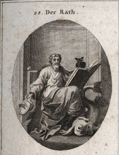Alegoria do conselho representativo com uma corrente de ouro e um coração, emblema de sincero. O livro e a coruja simbolizam a penetração do conhecimento através do estudo. O espelho rodeado pela serpente é o símbolo da prudência. O golfinho que ele pára c de Austrian School