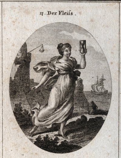 Alegoria da diligência representada andando rápido. Seus atributos são o relógio de areia (ampulheta) e o esporão símbolo de atividade e precisão. Gravura em "Iconologie oder Ideen aus dem Gebiete der Leidenschaften und Allegorien bildestellt dargestellt f de Austrian School
