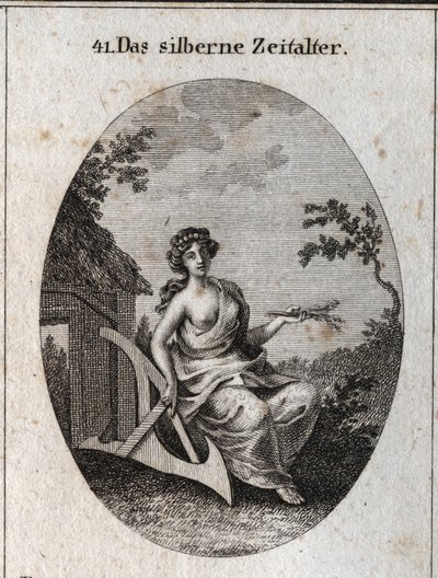 Alegoria da era da prata com um cabo de episódio para cultivar a terra e a madeira para fazer cabanas. Gravação em "Iconologie oder Ideen aus dem Gebiet der Leidenschaften und Allegorien bildestellt fur Zeichner, Mahler, Dichter, Gelehrte, Erzieher und de Austrian School