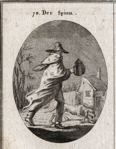 A alegoria do espião. O seu casaco está espalhado com olhos e ouvidos e segura uma lanterna surda. Um cão de raça cheira o terreno. Gravura em "Iconologie oder Ideen aus dem Gebiete der Leidenschaften und Allegorien bildestellt dargestellt fur Zeichner, Ma de Austrian School