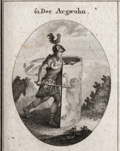 A alegoria da suspeita corta atrás de um escudo sobre o qual está um leão, símbolo da suspeita segundo aristóteles, e um galo sobre o capacete que representa a vigilância. Gravação em "Iconologie oder Ideen aus dem Gebiete der Leidenschaften und Alleg de Austrian School