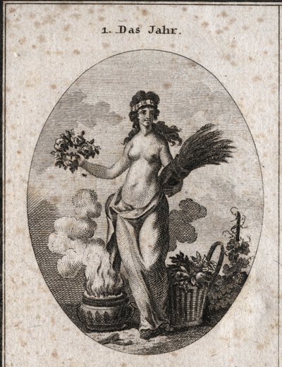 Alegoria do ano rodeada de símbolos das quatro estações (grinalda de flores para a primavera, grinalda de trigo para o verão, cesta de razão para o outono e vaso de fogo para o inverno). O ano está meio disfarçado em referência aos graus de calor e frio co de Austrian School