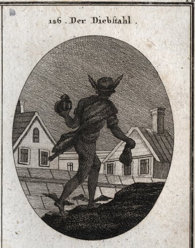 Alegoria de roubo representada por um homem caminhando na noite com uma lanterna surda e uma bolsa nas mãos. As asas nos seus pés mostram que ele está pronto para correr. Gravação em "Iconologie oder Ideen aus dem Gebiete der Leidenschaften und Allegorien  de Austrian School