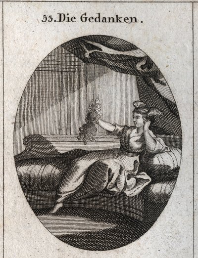 Alegoria de pensamentos representados com asas na cabeça e segurando um monte de fios emmeles imagem do embaraço que os vários pensamentos dão. Gravura em "Iconologie oder Ideen aus dem Gebiete der Leidenschaften und Allegorien bildich darges". de Austrian School